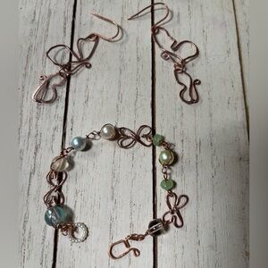 Multi Color Pearl Bead Bracelet +Butterfly Earring set. Copper. Handmade jewelry